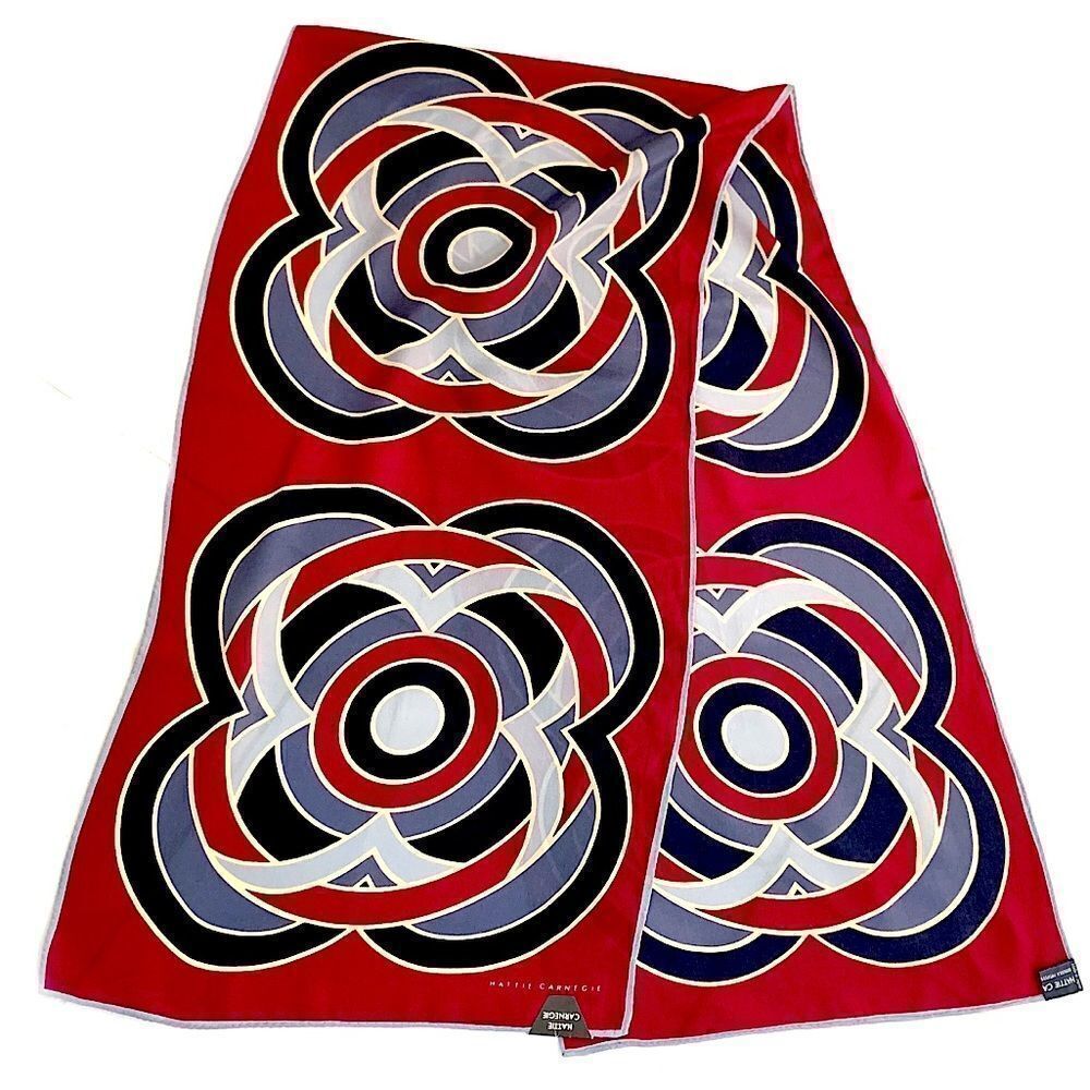 Vtg Hattie Carnegie new with tag burgundy-white-grey-black geometric silk scarf